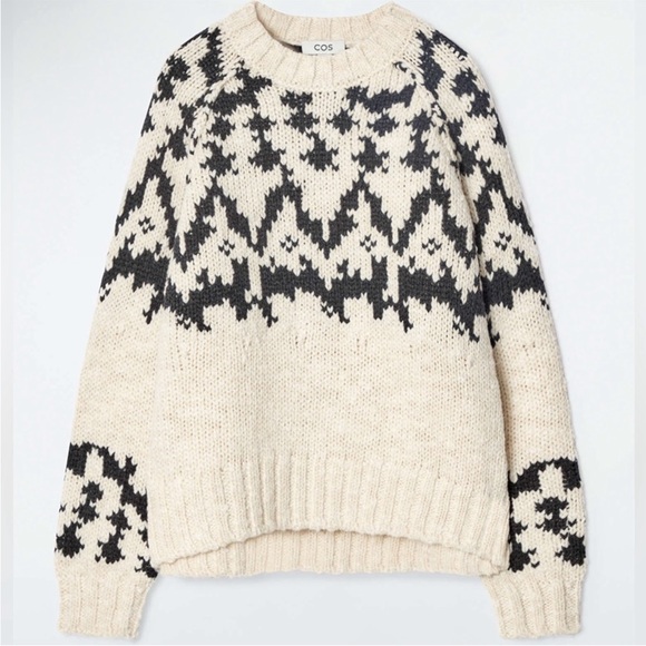 COS Sweaters - COS Fair Isle Chunky Crewneck Wool Sweater Cream Dark Grey Size XS